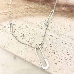 925 Sterling Silver Paperclip Necklace Safety Pin Necklace Modern Necklace